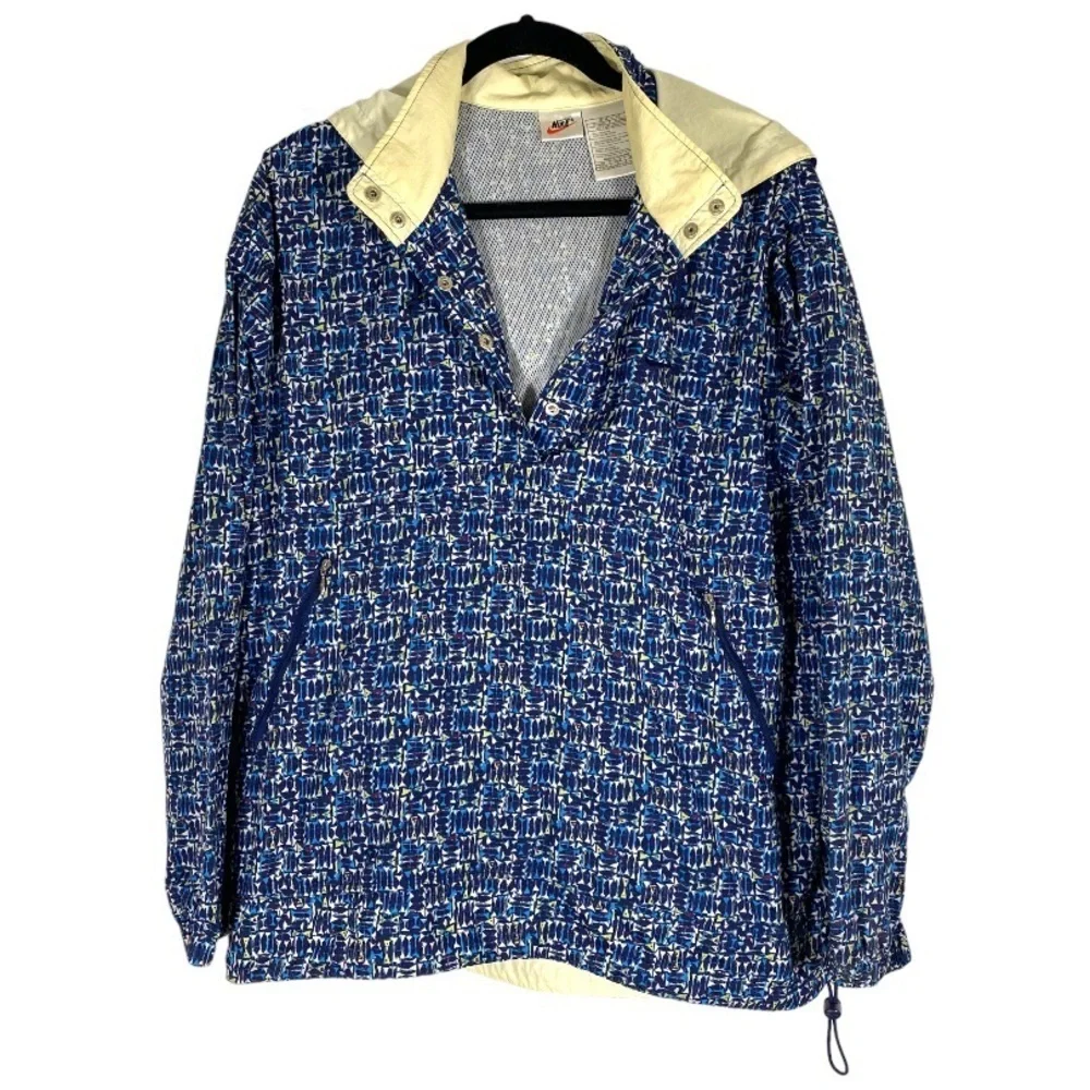 Nike Vintage Blue Patterned y2k Windbreaker Anorak Jacket Hood size Large